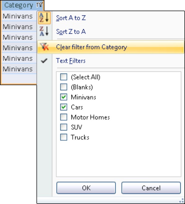 Filtering the Category field. Use the column filter menu to select criteria for a field.